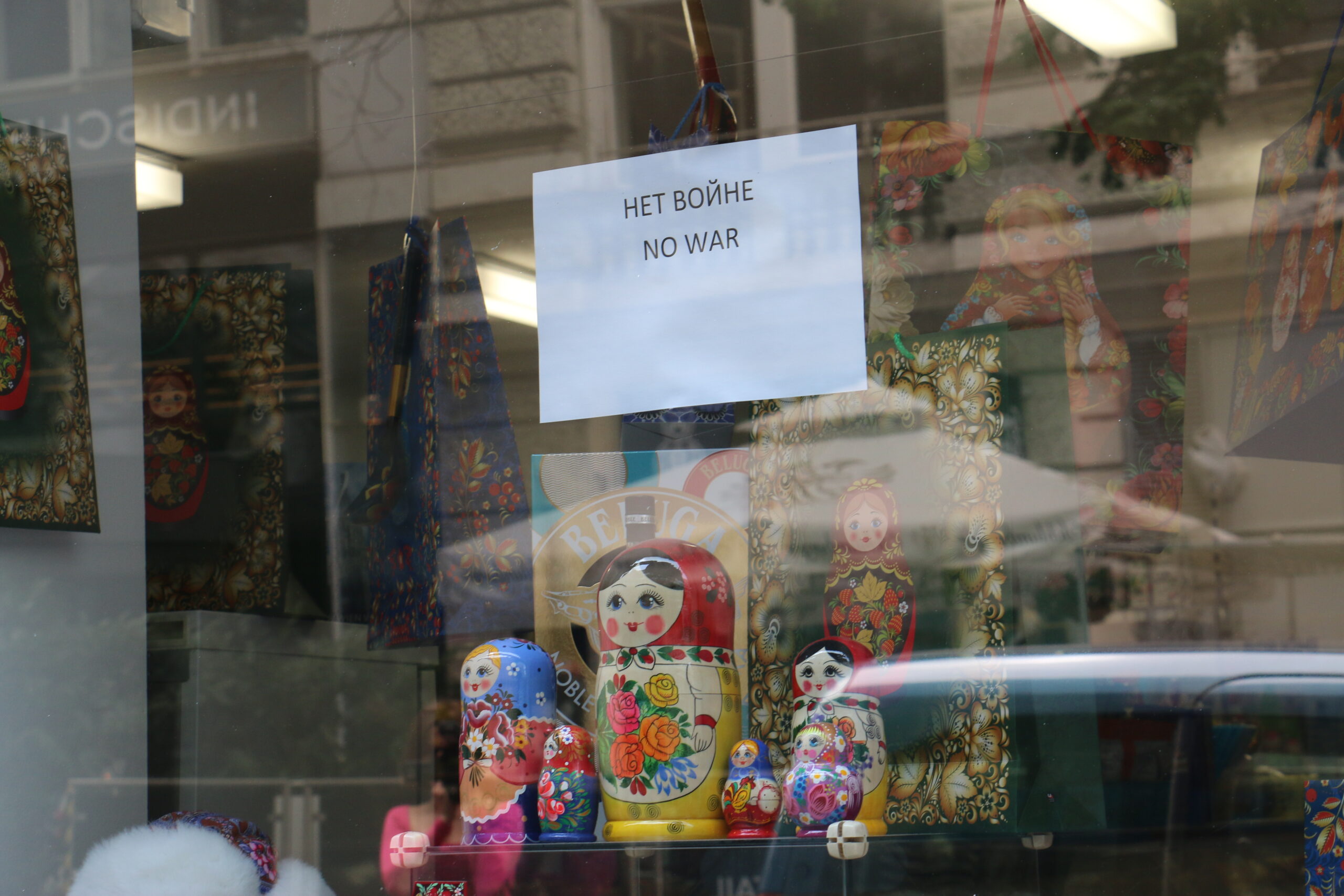 Outside view of shop window with russion Matryoshka